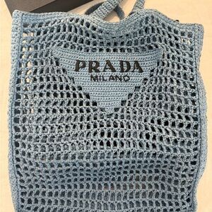Prada Light Blue raffia Tote with Logo Patch